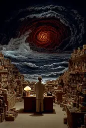 Midjourney generated image using SREF code Plushgrim: A man standing in front of a book store filled with books.