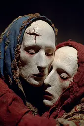 Midjourney generated image using SREF code Plushgrim: A couple of masks that are sitting next to each other.
