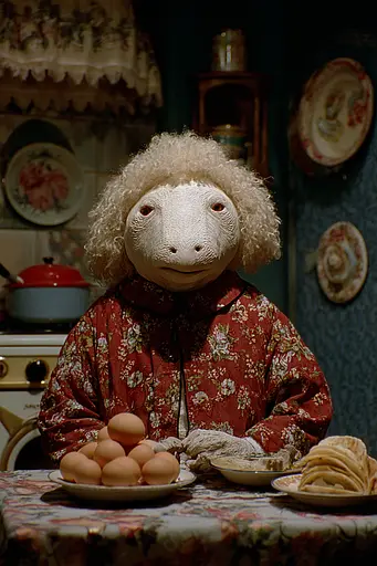 Midjourney generated image using SREF code Plushgrim: A sheep wearing a red dress sitting at a table with eggs.