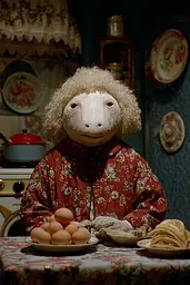 Midjourney generated image using SREF code Plushgrim: A sheep wearing a red dress sitting at a table with eggs.