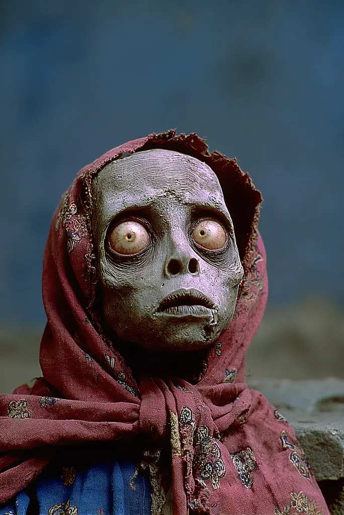 Midjourney generated image using SREF code Plushgrim: A close up of a person wearing a headscarf and a mask.