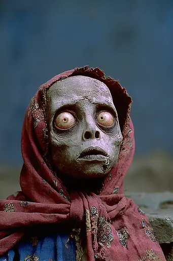 Midjourney generated image using SREF code Plushgrim: A close up of a person wearing a headscarf and a mask.