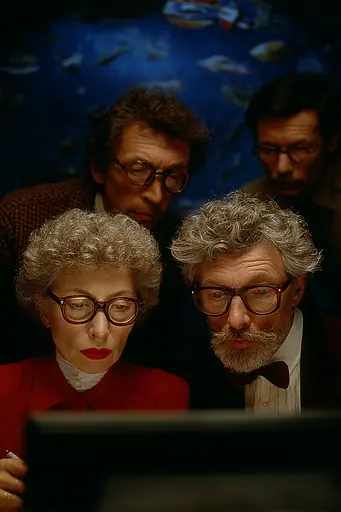 Midjourney generated image using SREF code Plushgrim: A group of people looking at a computer screen.