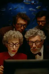 Midjourney generated image using SREF code Plushgrim: A group of people looking at a computer screen.