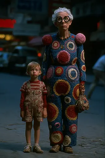 Midjourney generated image using SREF code Plushgrim: A woman and a child standing on a city street.