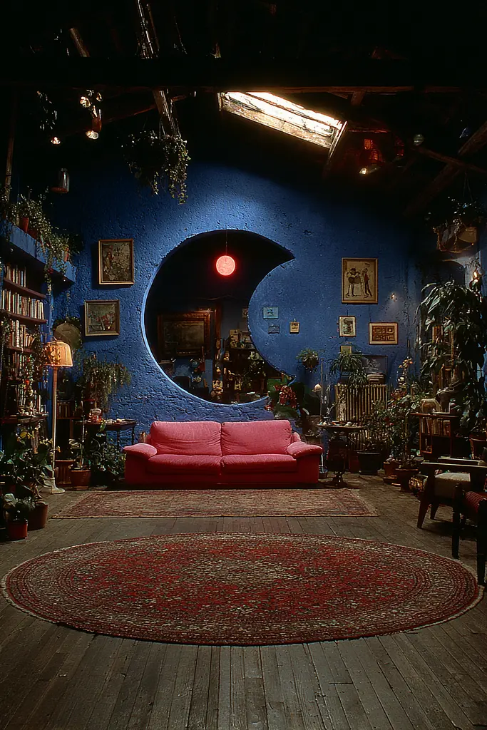Midjourney generated image using SREF code Plushgrim: A living room with a red couch and a round rug.