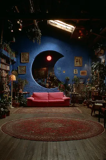 Midjourney generated image using SREF code Plushgrim: A living room with a red couch and a round rug.