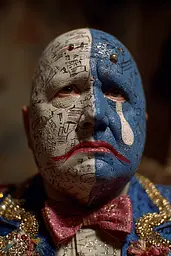 Midjourney generated image using SREF code Plushgrim: A man with a clown face painted in the colors of the French flag.