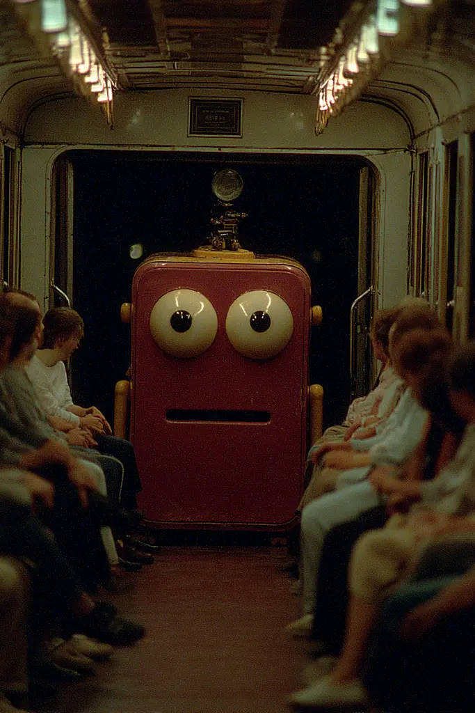 Midjourney generated image using SREF code Plushgrim: A group of people sitting in a train with a red robot.