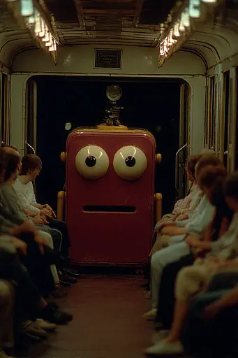 Midjourney generated image using SREF code Plushgrim: A group of people sitting in a train with a red robot.