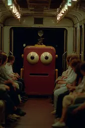 Midjourney generated image using SREF code Plushgrim: A group of people sitting in a train with a red robot.