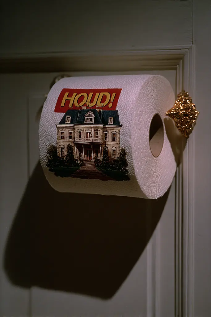 Midjourney generated image using SREF code Plushgrim: A roll of toilet paper with a picture of a house on it.