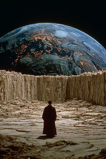 Midjourney generated image using SREF code Plushgrim: A man in a red robe standing in front of a large earth.