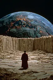 Midjourney generated image using SREF code Plushgrim: A man in a red robe standing in front of a large earth.