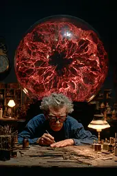 Midjourney generated image using SREF code Plushgrim: A man sitting at a table writing in front of a large red sphere.