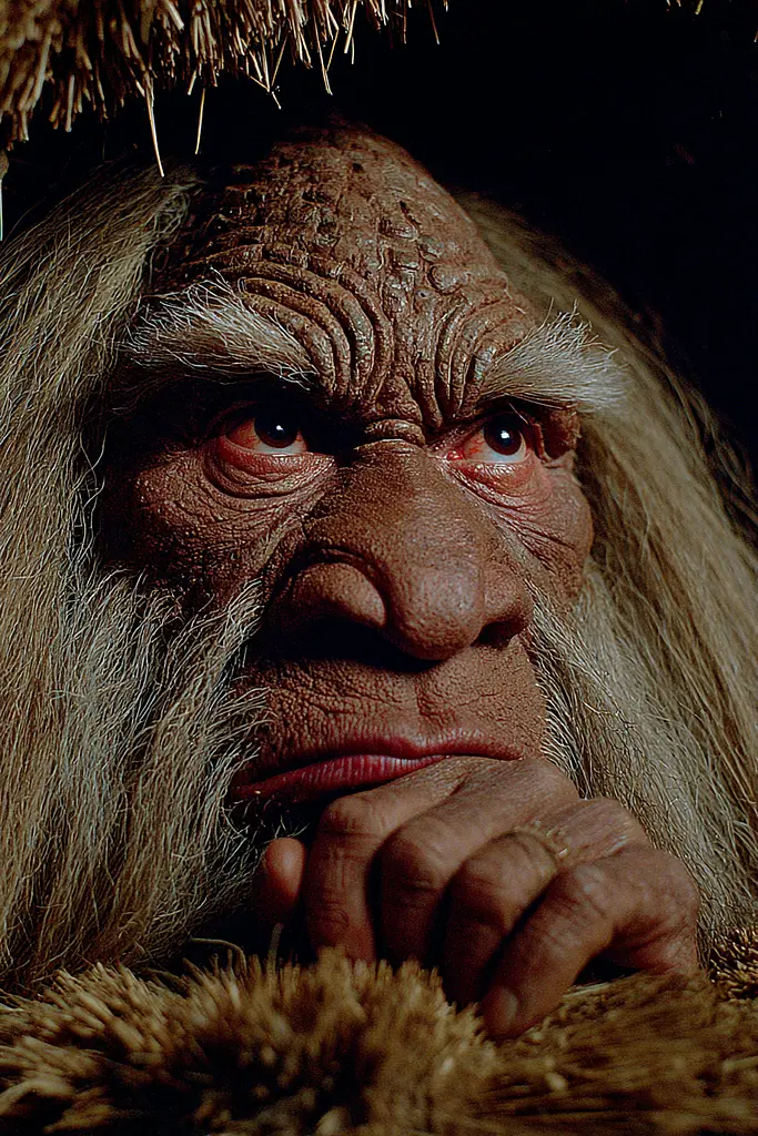 Midjourney generated image using SREF code Plushgrim: A close up of an old man with long hair and a beard.