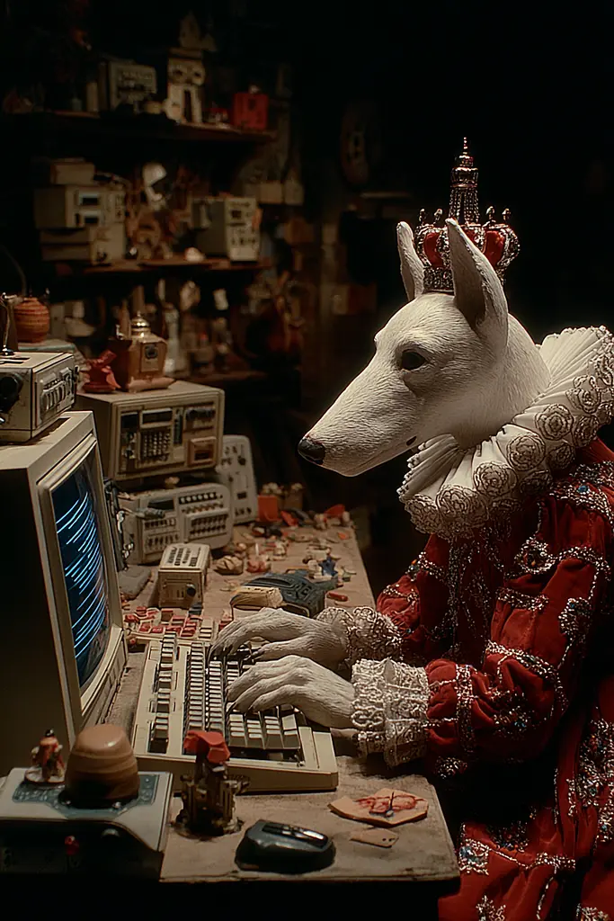 Midjourney generated image using SREF code Plushgrim: A dog dressed as a queen sitting at a desk with a computer.