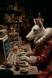 Midjourney generated image using SREF code Plushgrim: A dog dressed as a queen sitting at a desk with a computer.