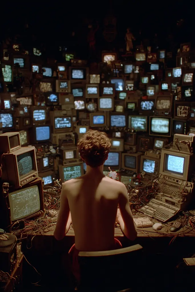 Midjourney generated image using SREF code Plushgrim: A man sitting in front of a bunch of old computers.