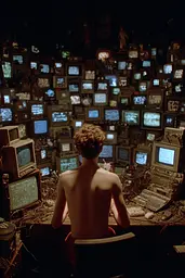 Midjourney generated image using SREF code Plushgrim: A man sitting in front of a bunch of old computers.