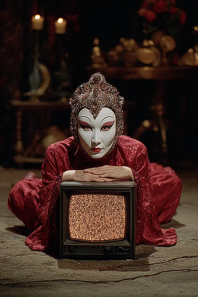 Midjourney generated image using SREF code Plushgrim: A woman in a red dress sitting on the floor with a television.