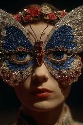 Midjourney generated image using SREF code Plushgrim: A woman wearing a blue and gold butterfly mask.