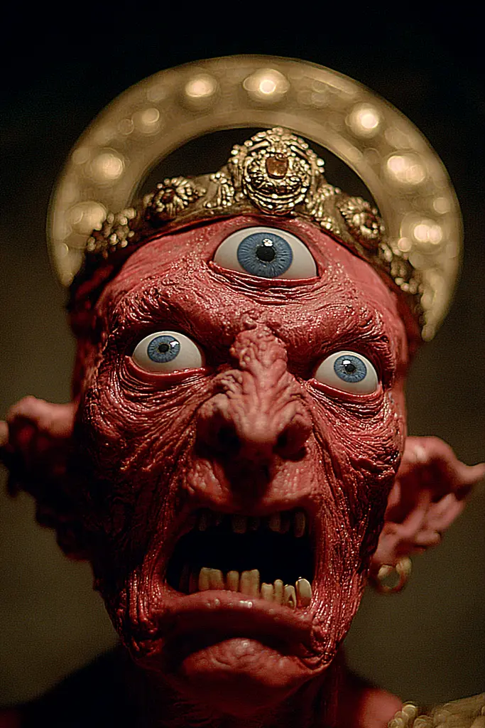 Midjourney generated image using SREF code Plushgrim: A close up of a demonic face with a crown on his head.