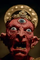 Midjourney generated image using SREF code Plushgrim: A close up of a demonic face with a crown on his head.