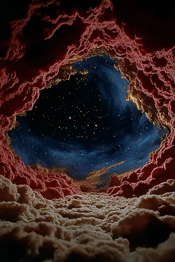 Midjourney generated image using SREF code Plushgrim: A view of the sky through a hole in the clouds.