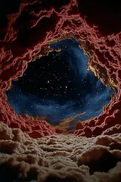 Midjourney generated image using SREF code Plushgrim: A view of the sky through a hole in the clouds.