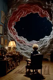 Midjourney generated image using SREF code Plushgrim: A woman sitting in a chair in front of a cave.