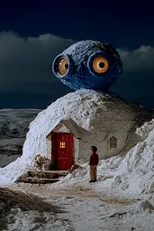 Midjourney generated image using SREF code Plushgrim: A man standing in front of a small house in the snow.