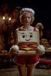 Midjourney generated image using SREF code Plushgrim: A woman in a red dress holding a sandwich.