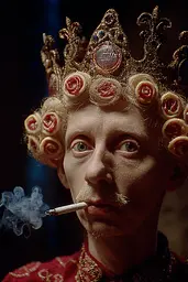 Midjourney generated image using SREF code Plushgrim: A man with a crown on his head smoking a cigarette.