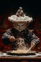 Midjourney generated image using SREF code Plushgrim: A man in a mask is pouring rice into a bowl.