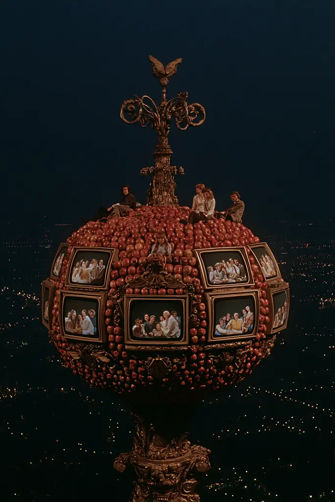 Midjourney generated image using SREF code Plushgrim: A large apple with a bunch of pictures on top of it.