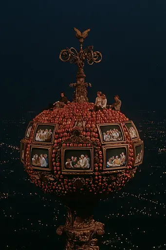 Midjourney generated image using SREF code Plushgrim: A large apple with a bunch of pictures on top of it.