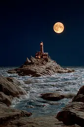 Midjourney generated image using SREF code Plushgrim: A full moon rises over a lighthouse on a rocky shoreline.