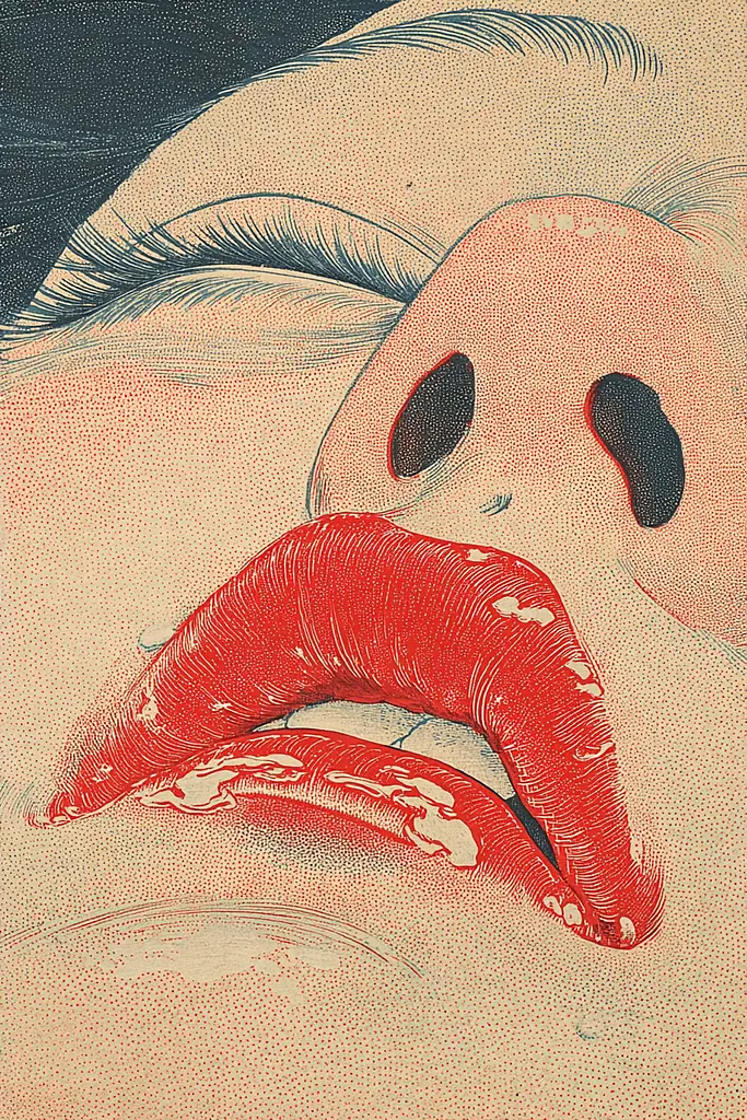 Midjourney generated image using SREF code Wavetwine: A close up of a woman's face with red lips.