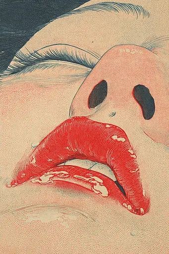 Midjourney generated image using SREF code Wavetwine: A close up of a woman's face with red lips.