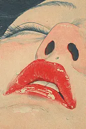 Midjourney generated image using SREF code Wavetwine: A close up of a woman's face with red lips.