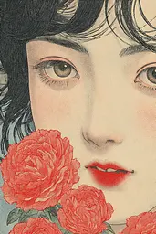 Midjourney generated image using SREF code Wavetwine: A drawing of a woman with red roses in her hair.