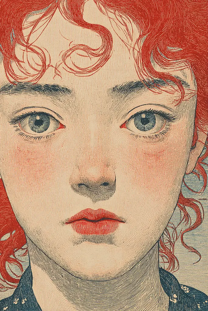 Midjourney generated image using SREF code Wavetwine: A drawing of a woman with red hair and blue eyes.
