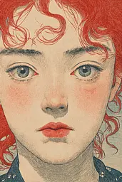 Midjourney generated image using SREF code Wavetwine: A drawing of a woman with red hair and blue eyes.