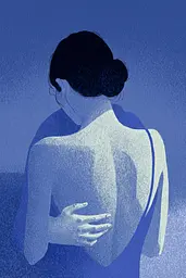 Midjourney generated image using SREF code Bluephantasm: A woman with her back turned to the camera.