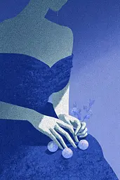 Midjourney generated image using SREF code Bluephantasm: A woman in a blue dress holding a bunch of balls.