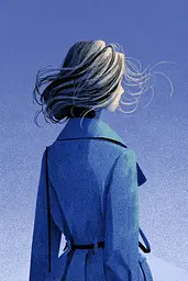 Midjourney generated image using SREF code Bluephantasm: A woman in a blue coat with her hair blowing in the wind.