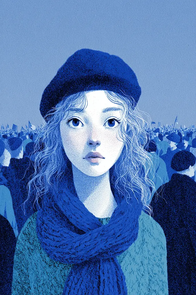 Midjourney generated image using SREF code Bluephantasm: A woman wearing a blue hat and scarf standing in front of a crowd.