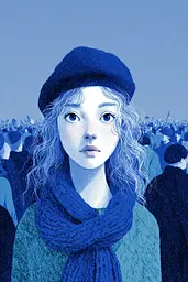 Midjourney generated image using SREF code Bluephantasm: A woman wearing a blue hat and scarf standing in front of a crowd.