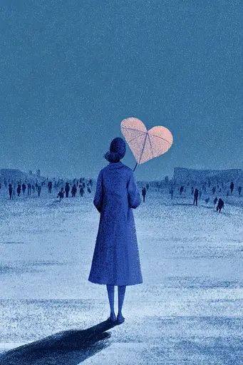 Midjourney generated image using SREF code Bluephantasm: A woman in a blue coat holding an umbrella in the snow.